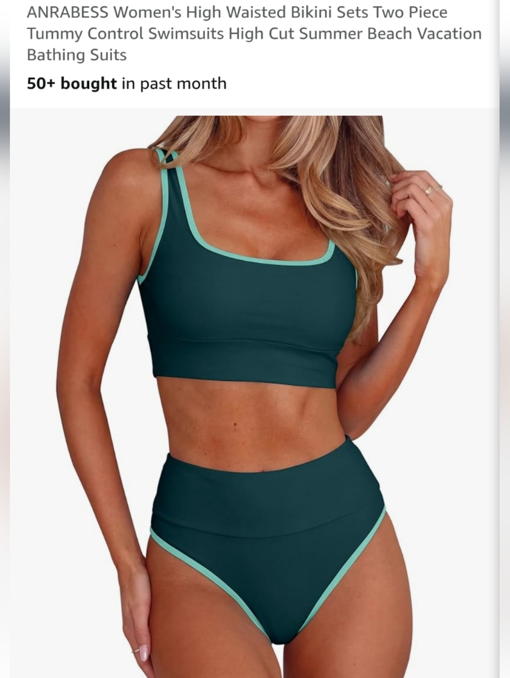 Dark Teal Two-Piece Bikini with Mint Trim Size Large NWT Anrabess Amazon Brand